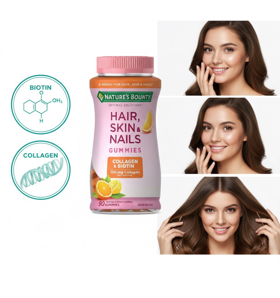 VITAMINAS EN  GOMITAS PARA CABELLO, PIEL Y UÑAS AVANZADO CON COLÁGENO Y BIOTINA SABOR CITRICO NATURES BOUNTY 90UND