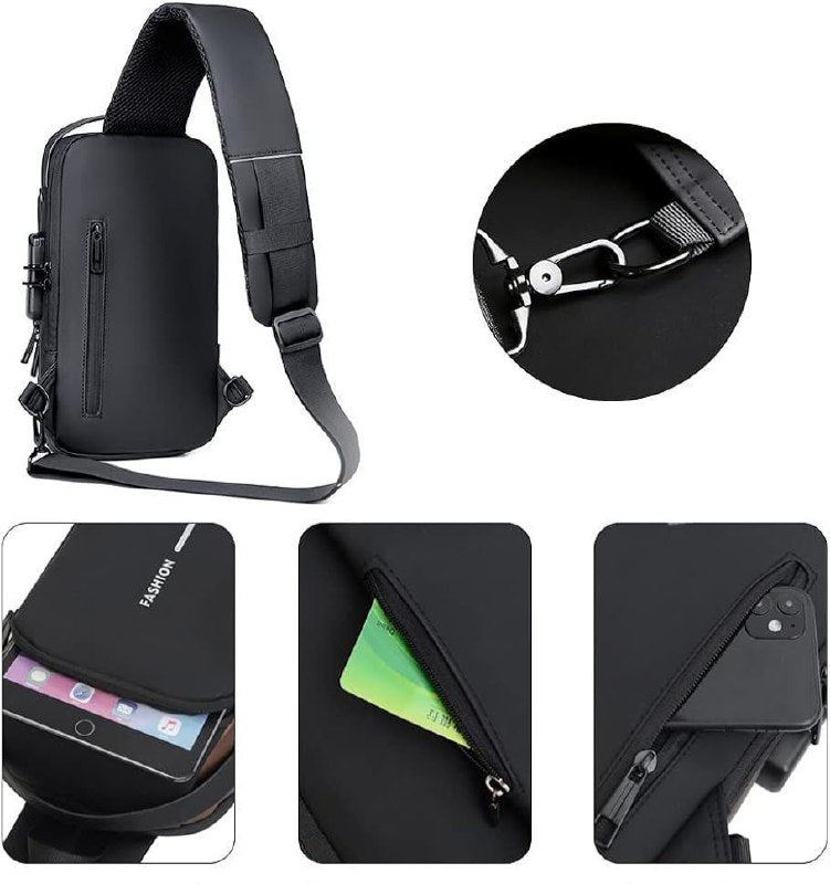 MOCHILA ECONOMICA CRUZADA IMPERMEABLE PARA HOMBRE CON PUERTO USB, SENDERISMO Y CAMINAR, DURADERO PORTATIL Y CLAVE ANTIRROBO