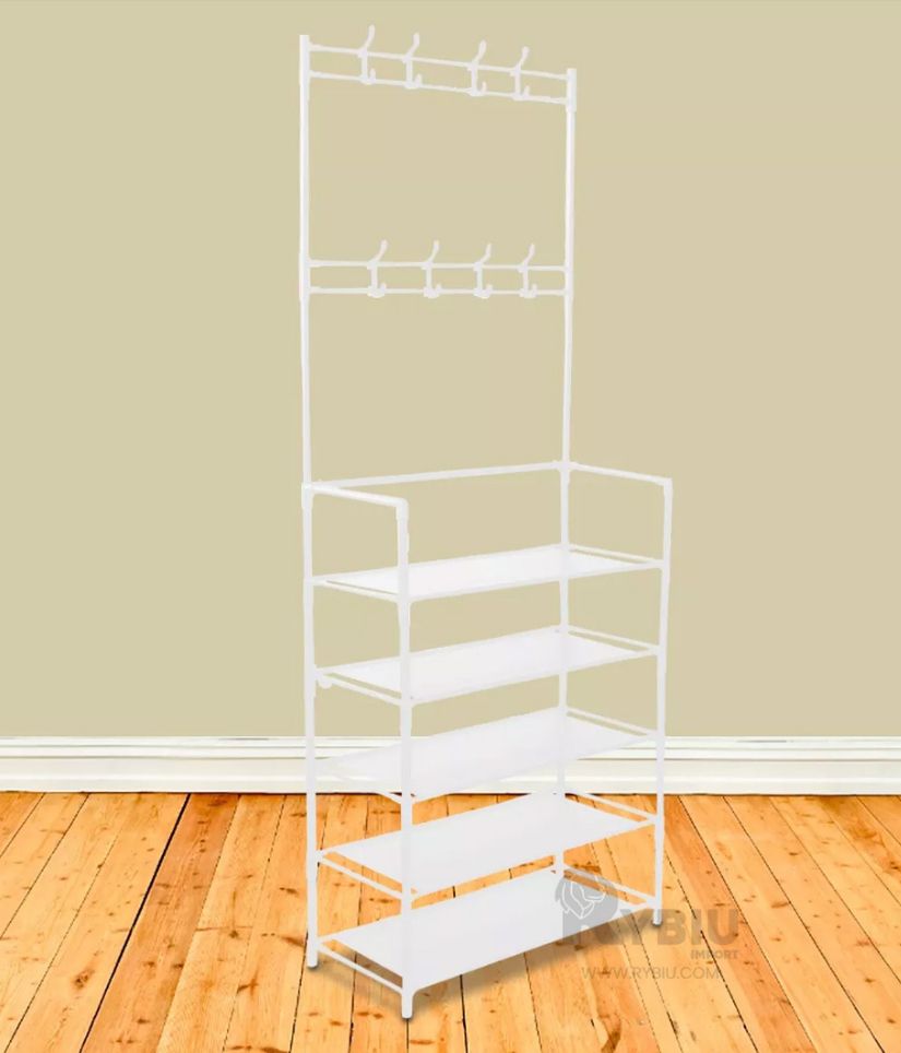 ESTANTE ORGANIZADOR DE METAL DE 4 NIVELES CON 8 GANCHOS PARA COLGAR ROPA,ETC COLOR BLANCO