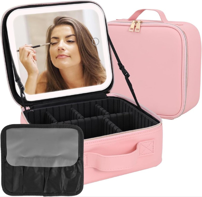 ORGANIZADOR DE COSMETICOS, ESTUCHE ORGANIZADOR DE MAQUILLAJE CON ESPEJO LED, DE 3 MODOS DE LUZ, CUBIERTA TRANSPARENTE, CORREA, DIVISIONES LED MAKEUP MIRROR HANDHELD