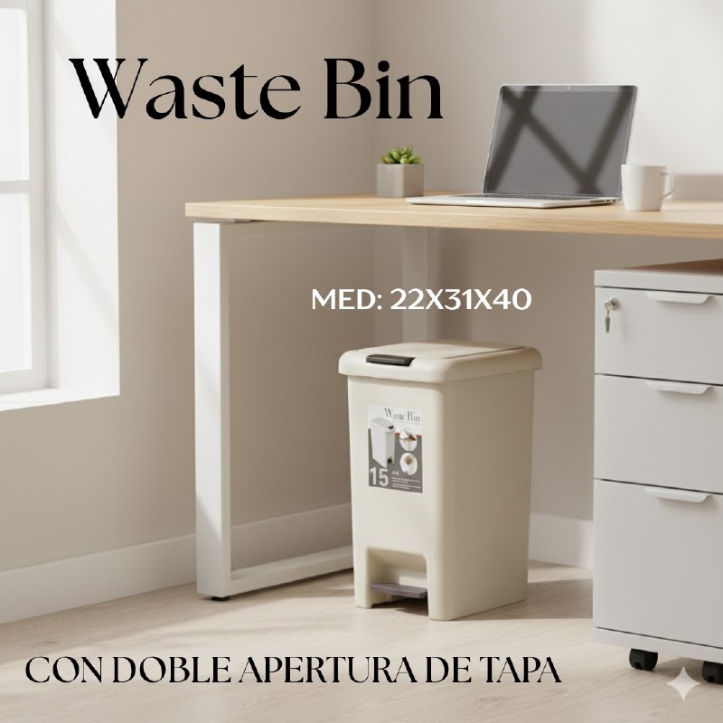 BASURERO CESTA PARA BASURA DE PLASTICO CON TAPA Y PEDAL COLOR BEIGE CON CAPACIDAD DE 15LBS WASTE BIN 22X31X40CM