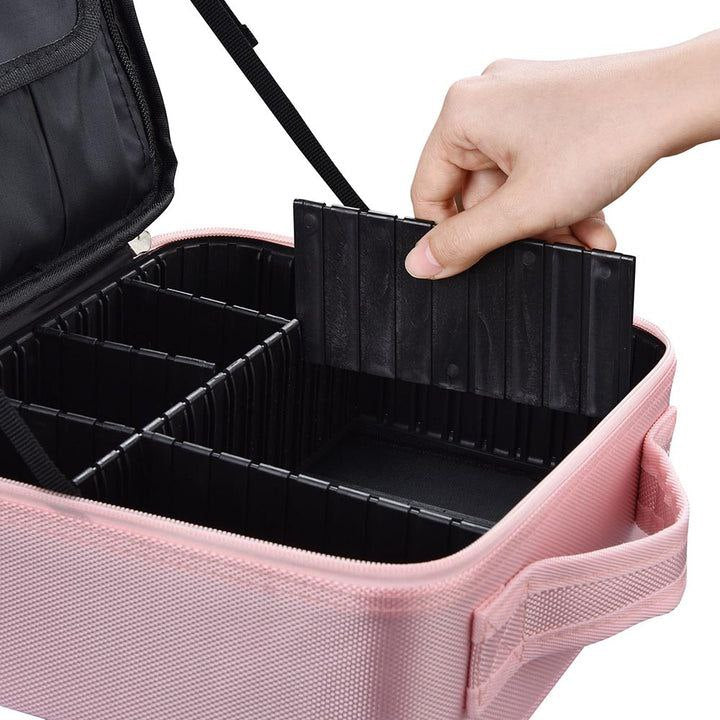 ORGANIZADOR ESTUCHE DE MAQUILLAJE PORTATIL CON SEPARADORES AJUSTABLES ROSADO 26x23x10CM