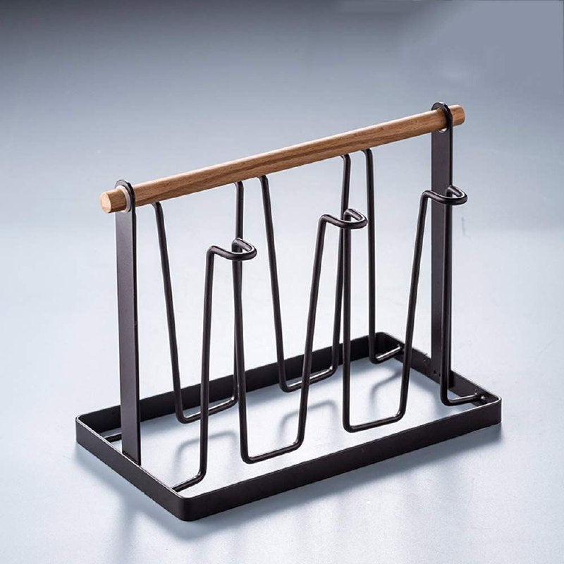 ESTANTE ORGANIZADOR Y ESCURRIDOR DE COCINA DE METAL PARA BOTELLAS O TAZAS CON MANGOP DE MADERA, DISEÑO VERSATIL 18.5X13.5X23.2CM