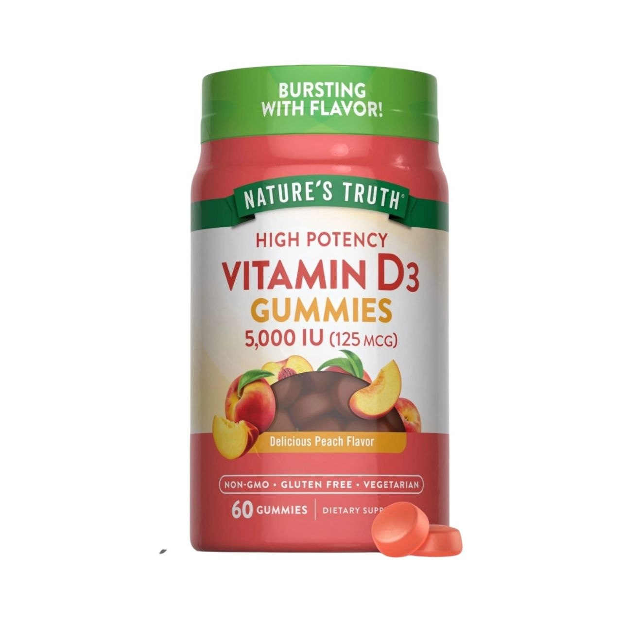 VITAMINAS EN GOMITAS DE ALTA POTENCIA, VITAMINA D3 5000UI 125MCG, SIN GLUTEN, SABOR MELOCOTON  NATURE S TRUTH 60UND