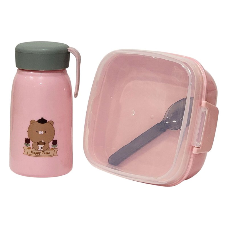 LONCHERA EN KIT CON CUBIERTOS, BOTE Y STICKERS VARIOS ESTILOS