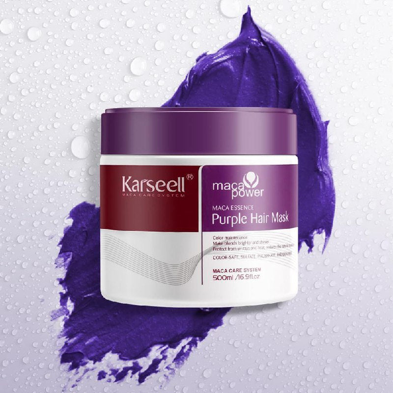 TRATAMIENTO MASCARILLA CAPILAR MORADA, DISEÑADA PARA RUBIOS, PLATINOS Y CABELLO GRIS, ELIMINA EFICAZMENTE LOS TONOS AMARILLENTOS Y APAGADOS DEJANDO EL COLOR MAS BRILLANTE Y VIBRANTE KARSEELL 500ML