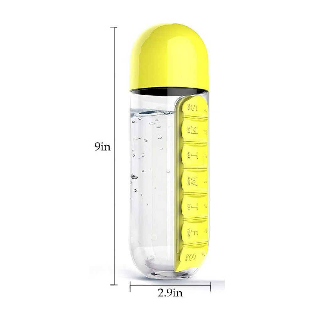 BOTE PARA AGUA 2 EN 1 CON ORGANIZADOR DE PASTILLAS 7 DIAS, VARIOS COLORES