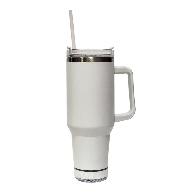 VASO TERMICO DE ACERO INOXIDABLE CON PARLANTE BLUETOOTH INCLUIDO, DOBLE PARED AISLADO AL VACIO CON ASA, CAPACIDAD 1200ML VACUUM