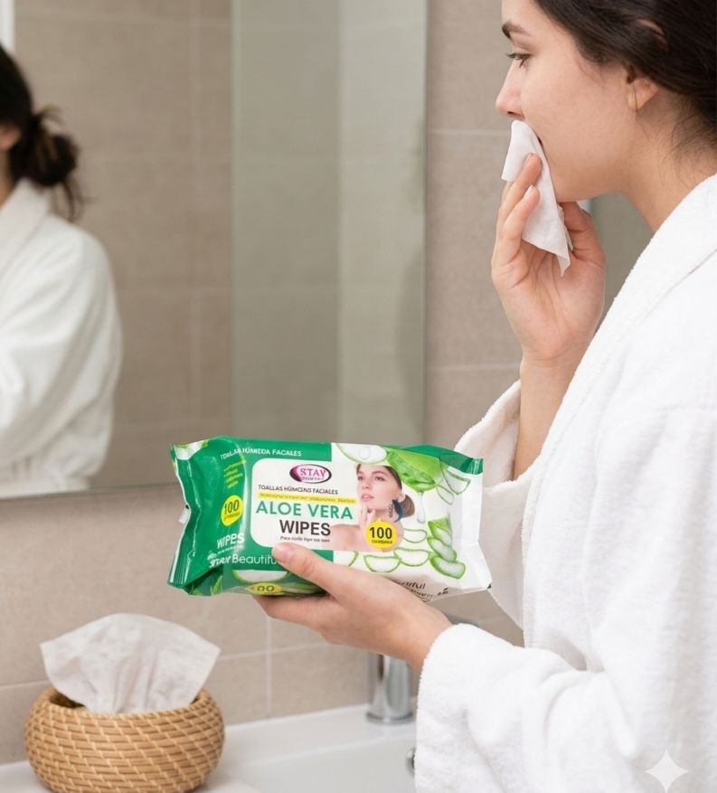 TOALLITAS HUMEDAS FACIALES DE ALOE VERA DESMAQUILLANTES Y LIMPIADORAS 100UND STAY BEAUTIFUL
