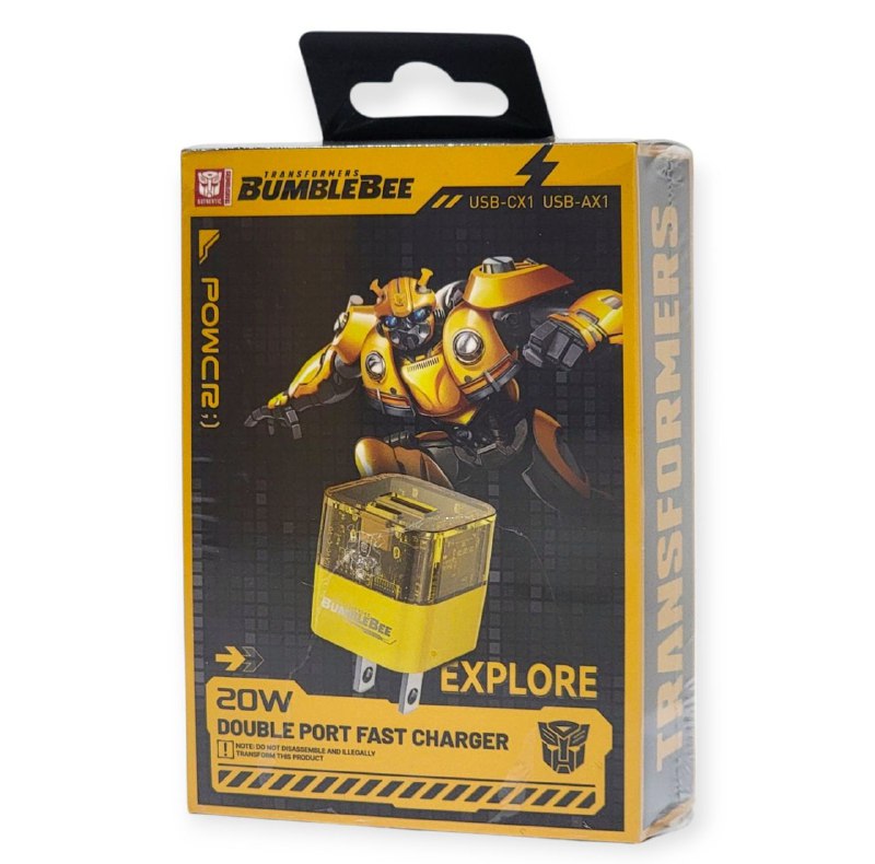 CARGADOR RAPIDO, CUBO DE CARGA RAPIDA DE 20W, SOBLE PUERTO USBC Y USB A, TRANSPARENTE, CHIP INTELIGENTE, NO INCLUYE CABLE, TRANSFORMERS BUMBLEBEE EXPLORE