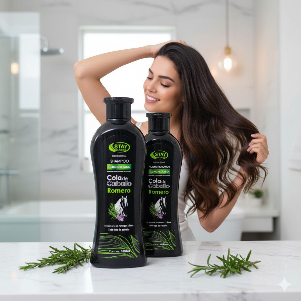 SET DE SHAMPOO Y ACONDICIONADOR ANTICAIDA Y ESTIMULANTE CON EXTRACTO DE COLA DE CABALLO ROMERO TOMILLO Y ALOE VERA STAY BEAUTIFUL 1000MLX2