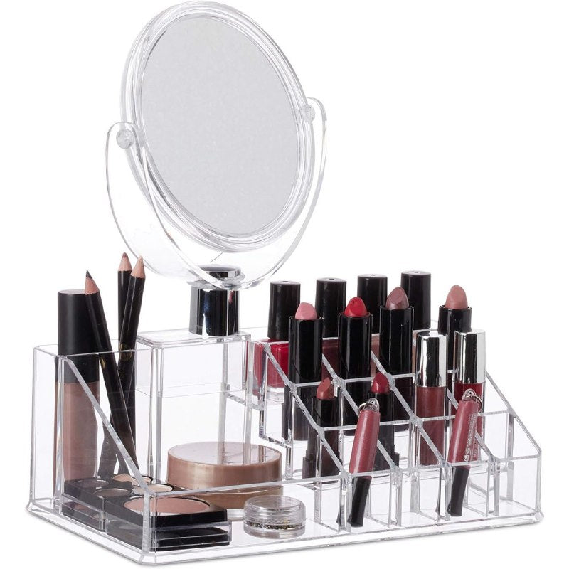 ORGANIZADOR DE MAQUILLAJE CON ESPEJO TRANSPARENTE DE ACRILICO 21X12X7CM
