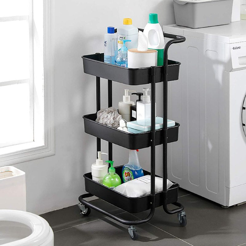 ESTANTE DE ALMACENAMIENTO RODANTE DE 3 NIVELES DE PLASTICO COLOR NEGRO 44x34x17CM