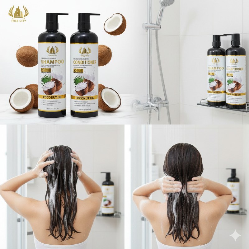 SHAMPOO EN SET PARA EL CABELLO CON ACONDICIONADOR DE ACEITE DE COCO SUAVIZANTE TREE CITY 900MLX2