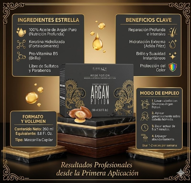 MASCARILLA CAPILAR DE REPARACION INTENSA DE ACEITE DE ARGAN PURO HUMECTANTE FIRENZE 260ML