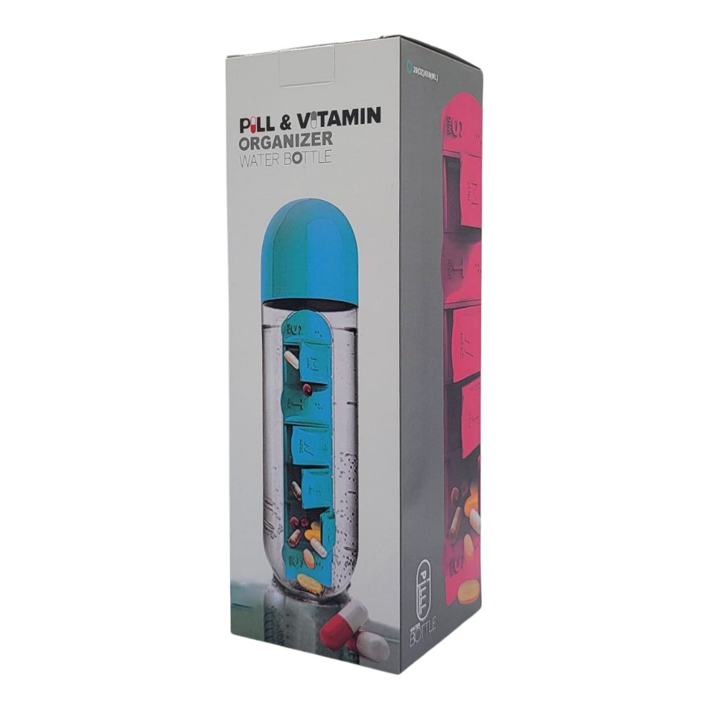 BOTE PARA AGUA 2 EN 1 CON ORGANIZADOR DE PASTILLAS 7 DIAS, VARIOS COLORES