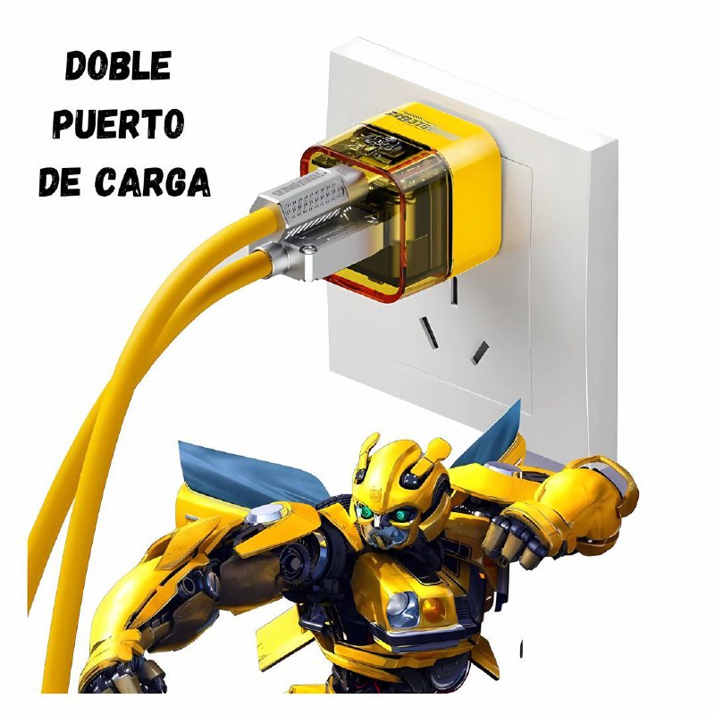 CARGADOR RAPIDO, CUBO DE CARGA RAPIDA DE 20W, SOBLE PUERTO USBC Y USB A, TRANSPARENTE, CHIP INTELIGENTE, NO INCLUYE CABLE, TRANSFORMERS BUMBLEBEE EXPLORE