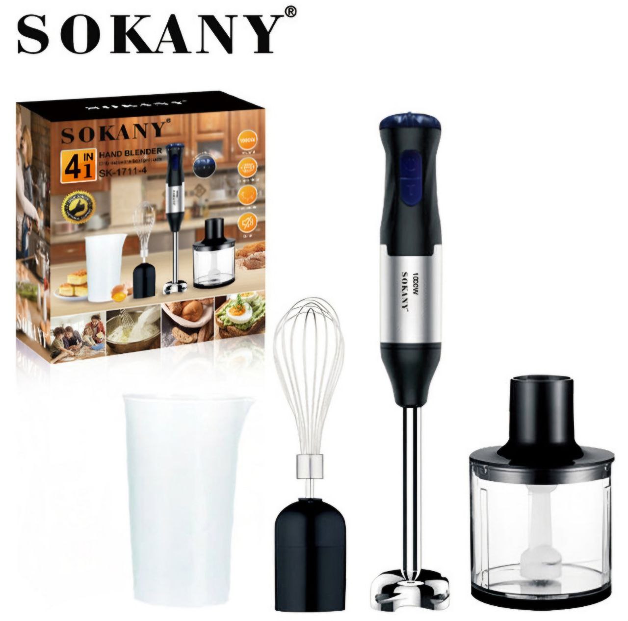 MAQUINA BATIDORA DE MANO SK-1711-4, 4 EN 1, BOTON DE SEGURIDAD, CAMPANA DE POTENCIA RAPIDA, EJE DE ACERO INOXIDABLE DESMONTABLE, 1000W, 5 VELOCIDADES SOKANY