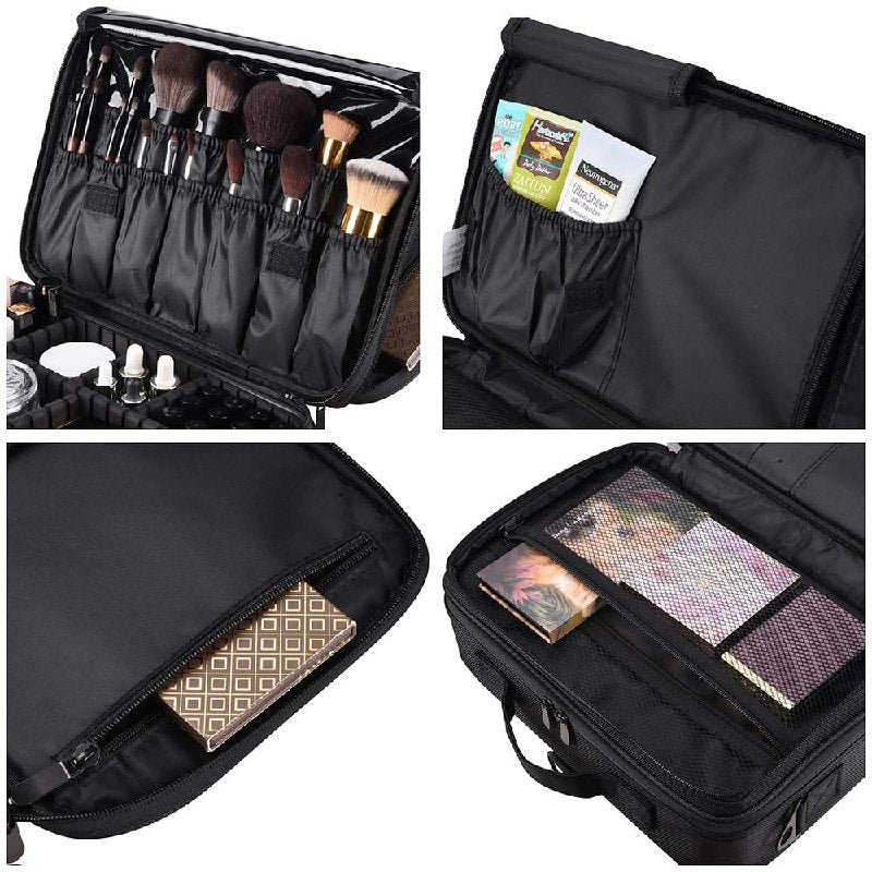 ORGANIZADOR ESTUCHE DE ALMACENAMIENTO DE MAQUILLAJE PORTATIL CON SEPARADORES AJUSTABLES NEGRO 34.5x23.5x12CM