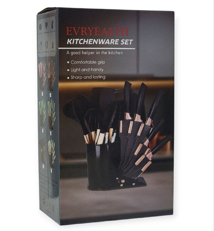 JUEGO DE CUCHILLOS DE COCINA, NEGRO GRIS Y BLANCO UTENSILIOS DE COCINA, CUCHARONES AGARRE COMODO, LIGERO, DURADERO EVRYALTH 18UND
