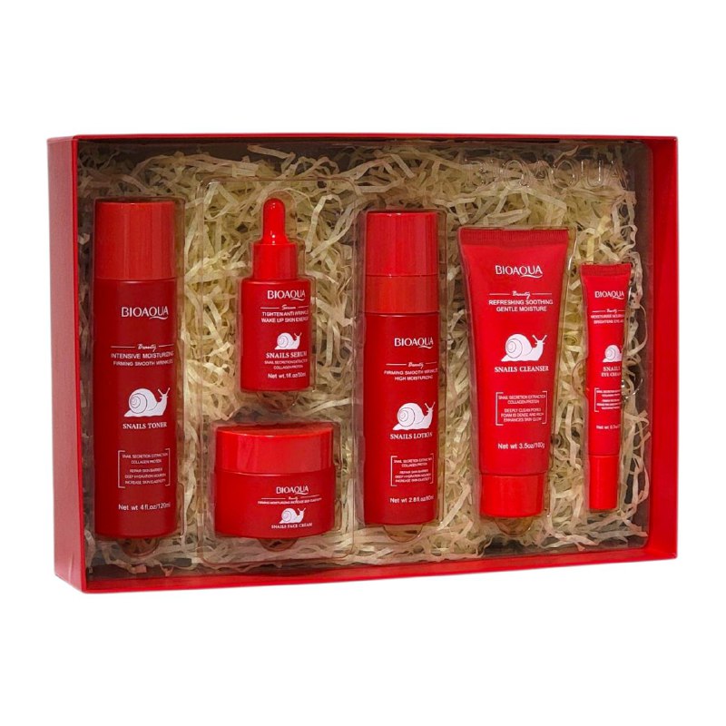 SET DE CUIDADO FACIAL DE BABA DE CARACOL DE 6 PIEZAS, REAFIRMANTE, HIDRATANTE Y AUMENTA LA ELASTICIDAD CON COLAGENO BIOAQUA SNAILS FIRM