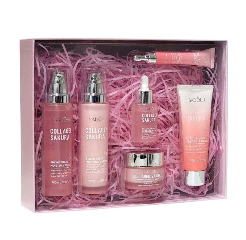 SET DE CUIDADO FACIAL REAFIRMANTE E ILUMINADOR CON EXTRACTO DE SAKURA Y COLAGENO 6PCS SADOER