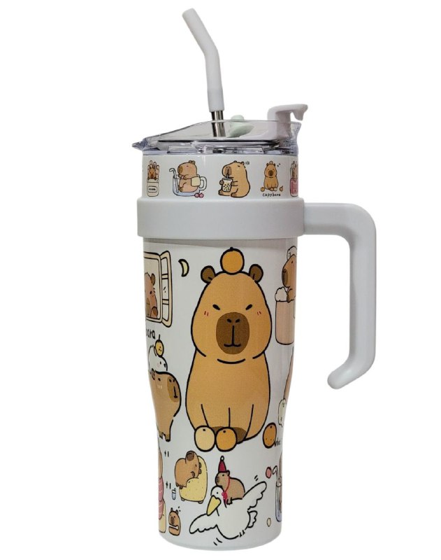 VASO TERMO DE ACERO INOXIDABLE CON ASA DISEÑO DE CAPIBARA,CAPYBARA CON SORBETE Y MUCHO ESTILO 1200ML