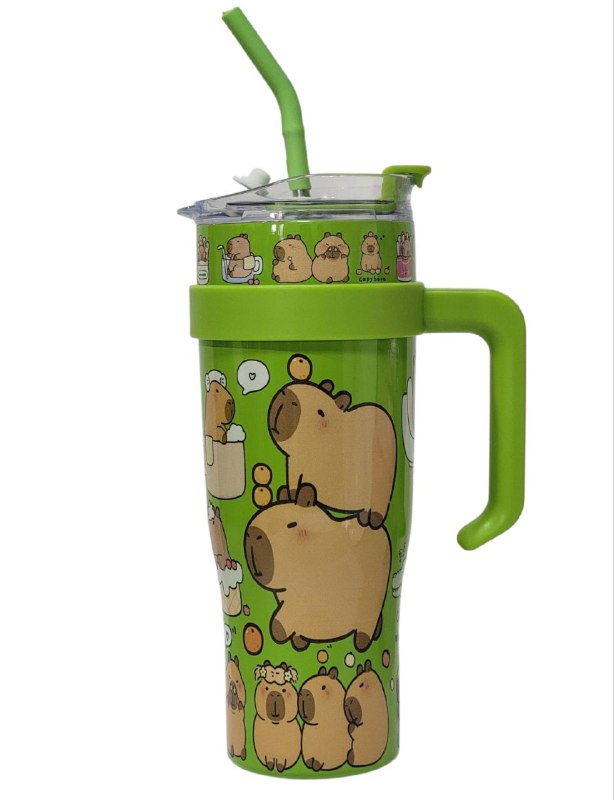 VASO TERMO DE ACERO INOXIDABLE CON ASA DISEÑO DE CAPIBARA,CAPYBARA CON SORBETE Y MUCHO ESTILO 1200ML