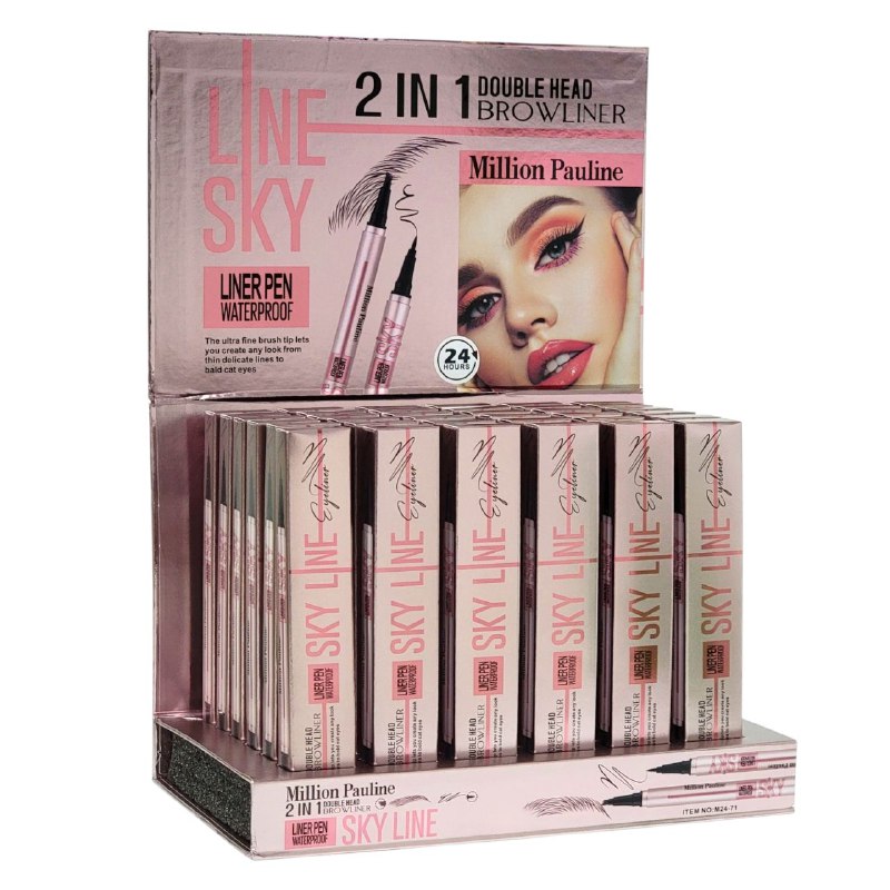 DELINEADOR DE OJOS EN LAPIZ 2 EN 1  DUPE MAYBELLINE SKY HIGH OJOS Y CEJAS, RESISTENTE AL AGUA, DISEÑO MODERNO Y ELEGANTE, TEXTURA SEDOSA Y BRILLO SATURADO EFECTO OJOS GRANDRES MILLION PAULINE LINE SKY 0.8+0.8ML