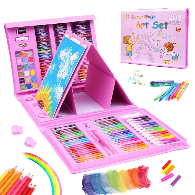 ESTUCHE DE ARTE Y DIBUJO CREATIVO PORTATIL PARA NIÑOS COLOR ROSADO 208 PIEZAS