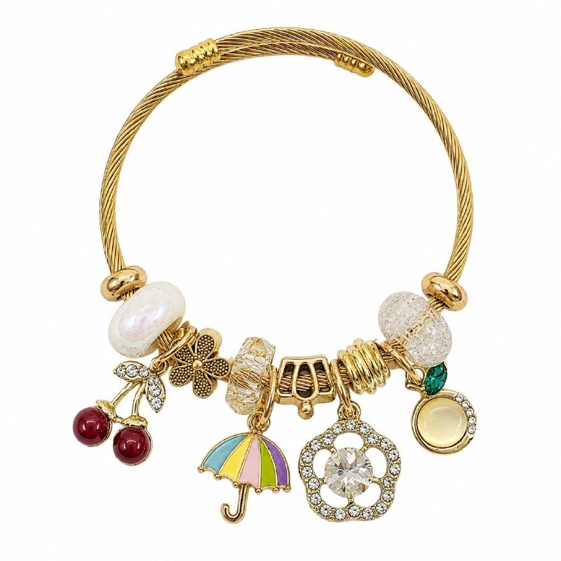 PULSERA DE ENCHAPE PARA DAMA CON DISEÑO DE CEREZA, SOMBRILLA Y FLOR  6CM