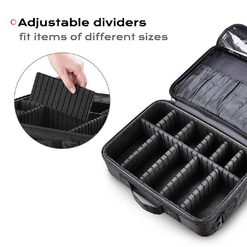 ORGANIZADOR ESTUCHE DE ALMACENAMIENTO DE MAQUILLAJE PORTATIL CON SEPARADORES AJUSTABLES NEGRO 34.5x23.5x12CM