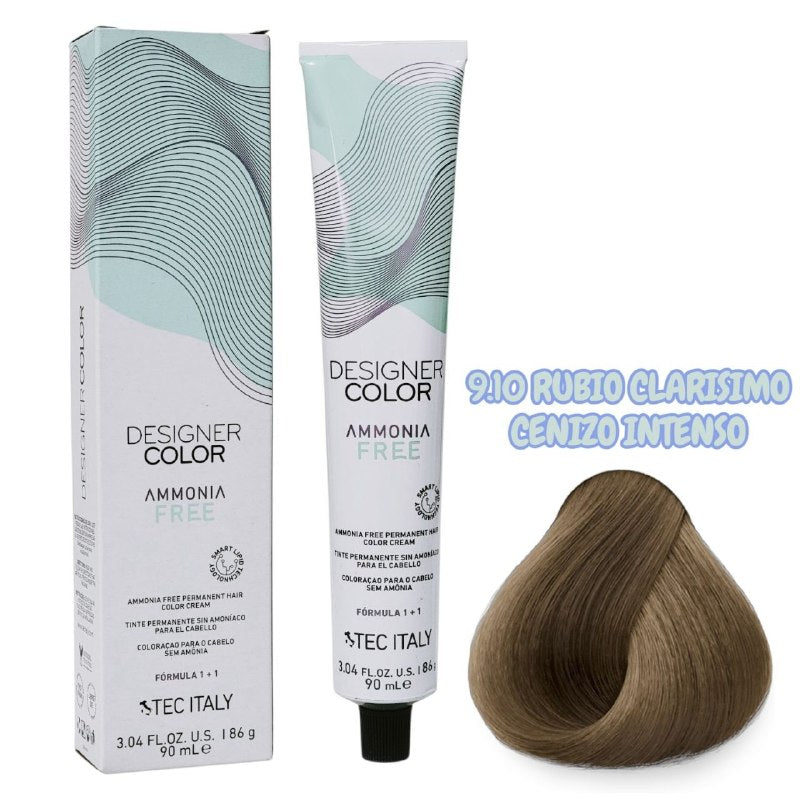 TINTE PERMANENTE CUIDA TU CABELLO Y OFRECE RESULTADOS CON TONOS MÁS NATURALES TONO 9.10 RUBIO CLARISIMO CENIZO INTENSO  1+1 TEC ITALY 90ML