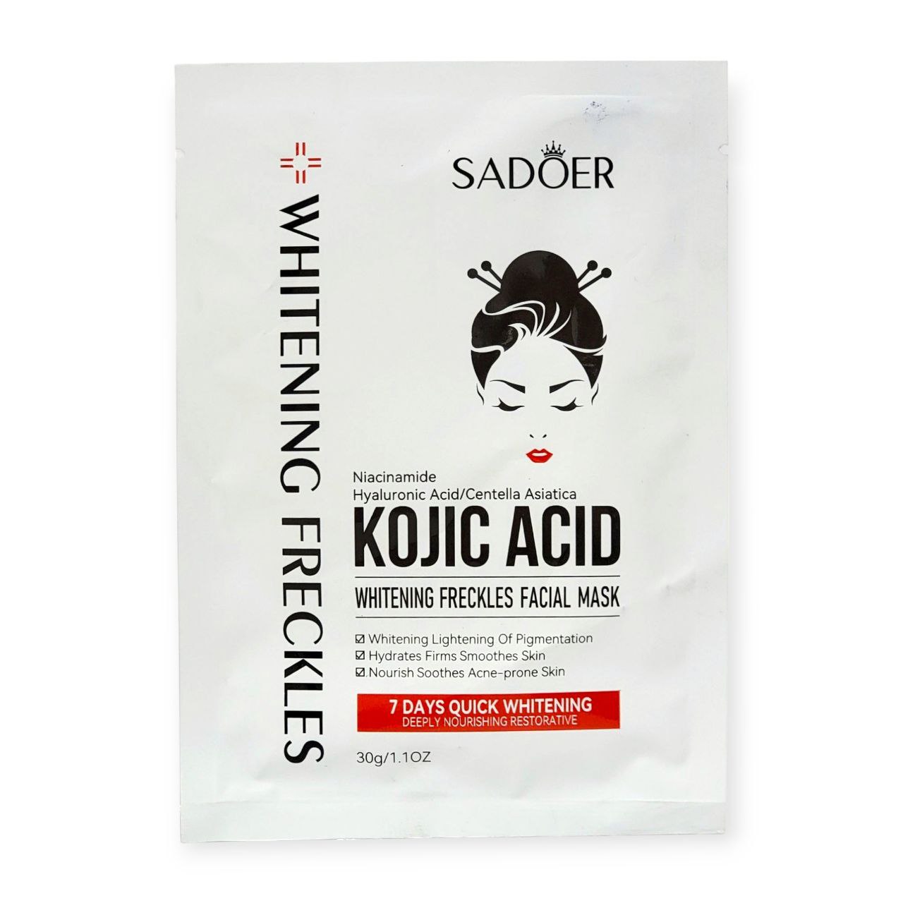 MASCARILLA FACIAL DE TELA BLANQUEADORA Y ANTIMANCHAS CON NIACINAMIDA CENTELLA ASIATICA ACIDO HIALURONICO Y KOJICO SADOER 30G