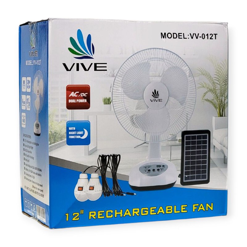 VENTILADOR RECARGABLE DE 12 PULGADAS DOBLE POTENCIA AD/DC, FUNCION DE LUZ NOCTURNA, USB PARA CARGAR, 110-240V, BATERIA PLOMO 6V 4.5MHA, CARGA 8-12H, BATERIA DURA 10H, PANEL SOLAR Y BOMBILLAS LED VIVE MODEL VV-012T
