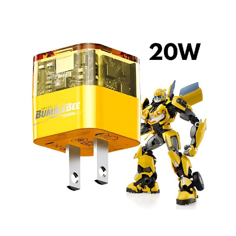 CARGADOR RAPIDO, CUBO DE CARGA RAPIDA DE 20W, SOBLE PUERTO USBC Y USB A, TRANSPARENTE, CHIP INTELIGENTE, NO INCLUYE CABLE, TRANSFORMERS BUMBLEBEE EXPLORE
