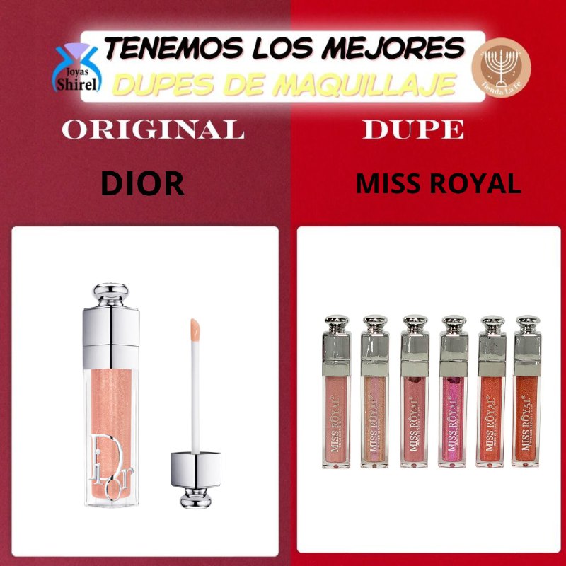 BRILLO LABIAL DUPE DE DIOR, LIP BRILLANTE HIDRATANTE ENCANTADOR EN SET DE 6 PIEZAS MISS ROYAL 6G