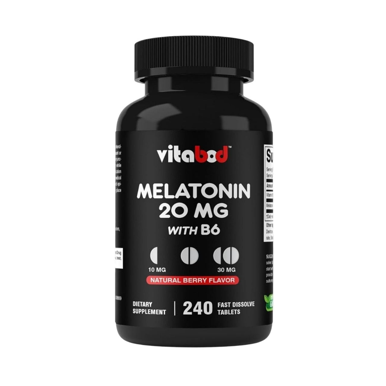 SUPLEMENTO FÓRMULA ULTRA CONCENTRADA DE DISOLUCIÓN RÁPIDA SABOR NATURAL A BAYAS VITABOD MELATONIN 20MG CON VITAMINA B6 240 TABLETAS