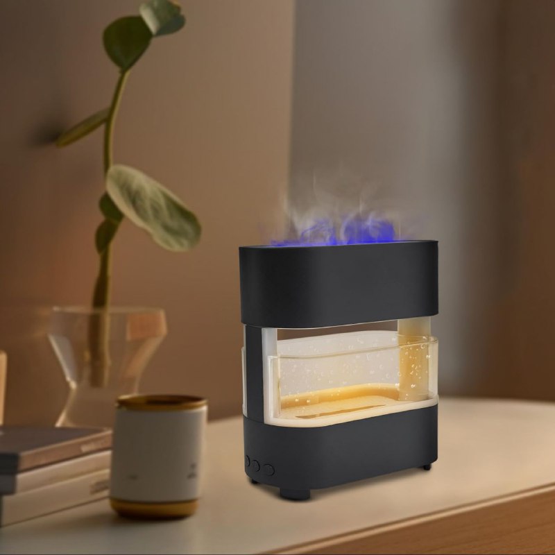 HUMIFICADOR DE AIRE CON LLAMA COLORIDA, SONIDOS DE GOTAS DE LLUVIA, DIFUSOR DE ACEITE AROMATICO CON LUZ LED NOCTURNA RAIN FIRE