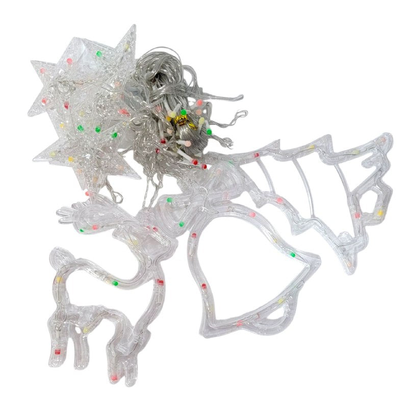 LUCES DECORATIVAS NAVIDEÑAS CORTINA DE LUZ LED MULTICOLOR DE 107 LUCES DE DISEÑOS ESTRELLA, RENO, ARBOL Y CAMPANA IDEAL PARA EL HOGAR PATIO O HABITACION 18.5X11X18.5CM