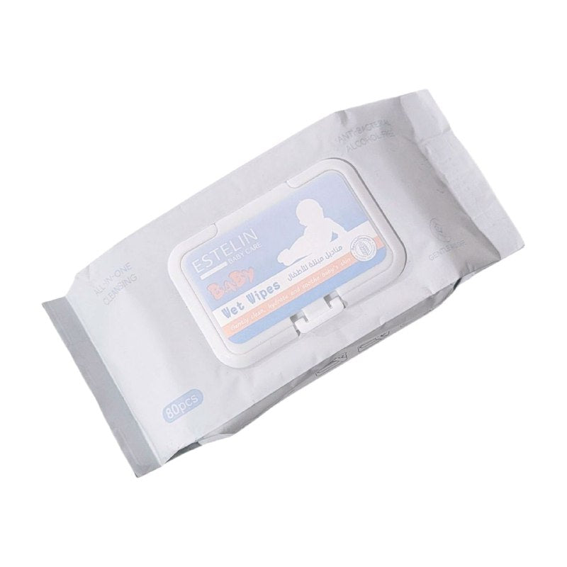 TOALLITAS HUMEDAS  PARA BEBE, LIMPIA HIDRATA Y SUAVIZA LA PIEL DEL BEBE SIN DEJAR RESIDUOS, SEGURAS PARA PIELES SENSIBLES ESTELIN BABY CARE 80UND