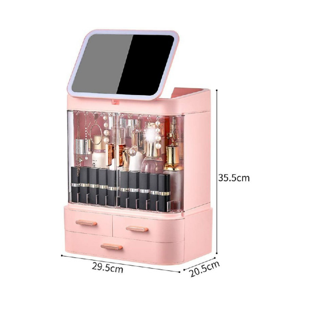 ORGANIZADOR DE MAQUILLAJE CON ESPEJO 360 GRADOS, SIN LUZ LED, COLOR ROSADO