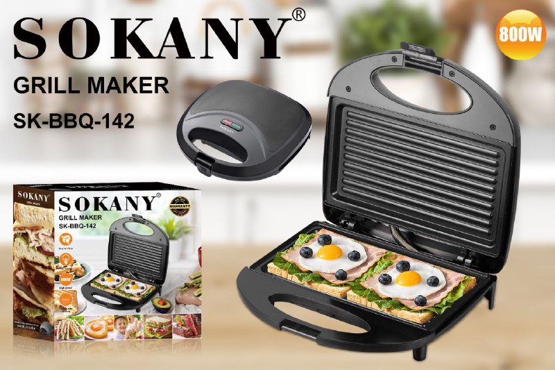 MAQUINA PARRILLA ELECTRICA SK-BBQ-142, RECUBRIMIENTO ANTIADHERENTE DE PLASTICO RESISTENTE AL CALOR, INDICADOR DE ENCENDIDO, 800W FUERZA, CALEFACCION DE DOBLE CARA SOKANY