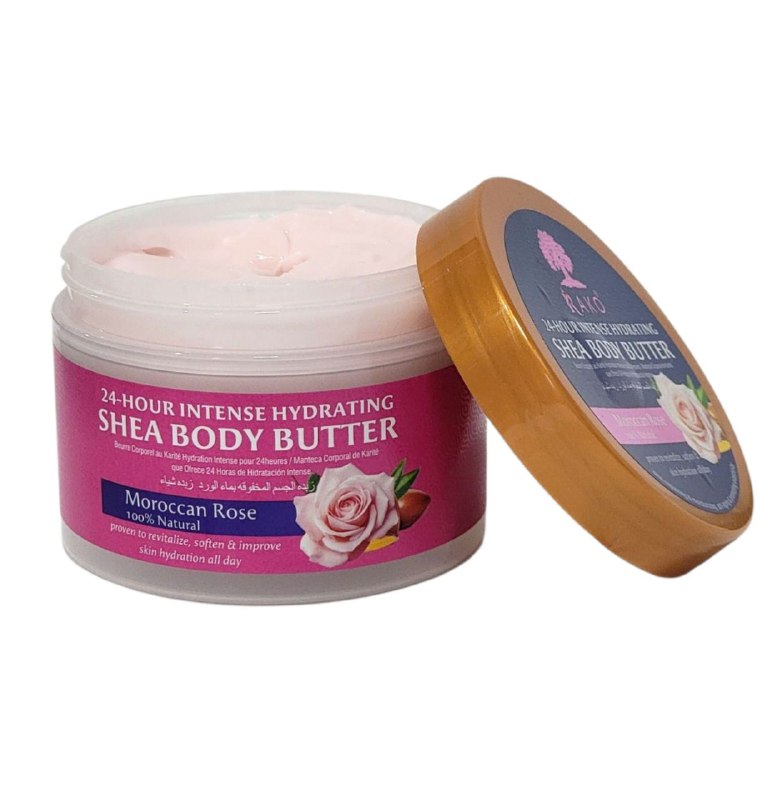 MANTECA CORPORAL HIDRATANTE INTENSA CON MANTECA DE KARITE  Y AGUA DE ROSAS DE MARRUECOS RAKO 240G