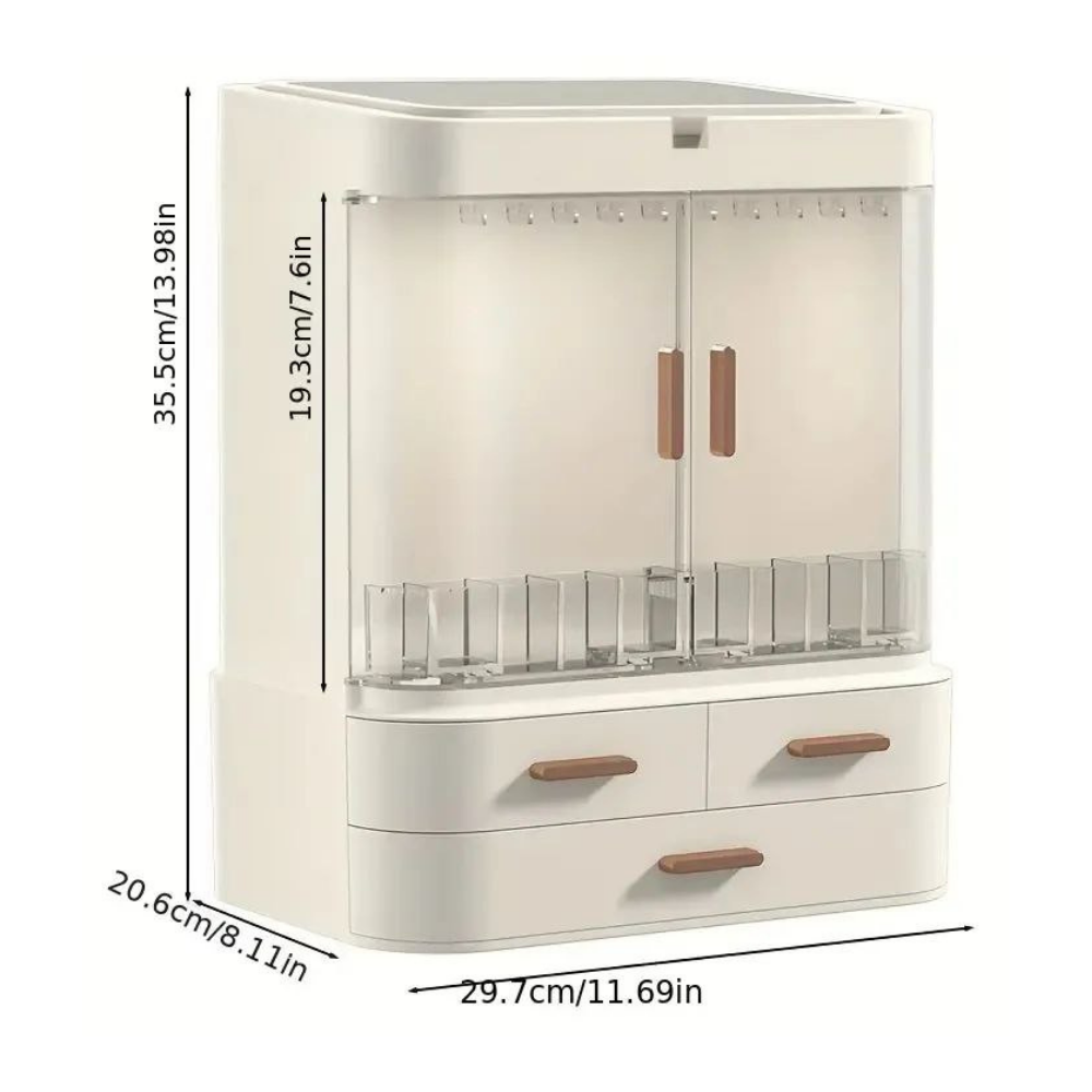 ORGANIZADOR DE MAQUILLAJE CON ESPEJO 360 GRADOS, SIN LUZ LED COLOR BEIGE