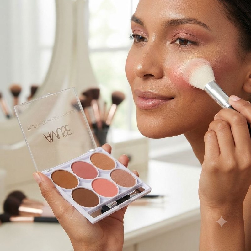 RUBOR EN PALETA 3 EN 1 CON ILUMINADOR Y BRONCEADOR CON APLICADOR DOBLE PUNTA AMUSE COSMETICS 13G
