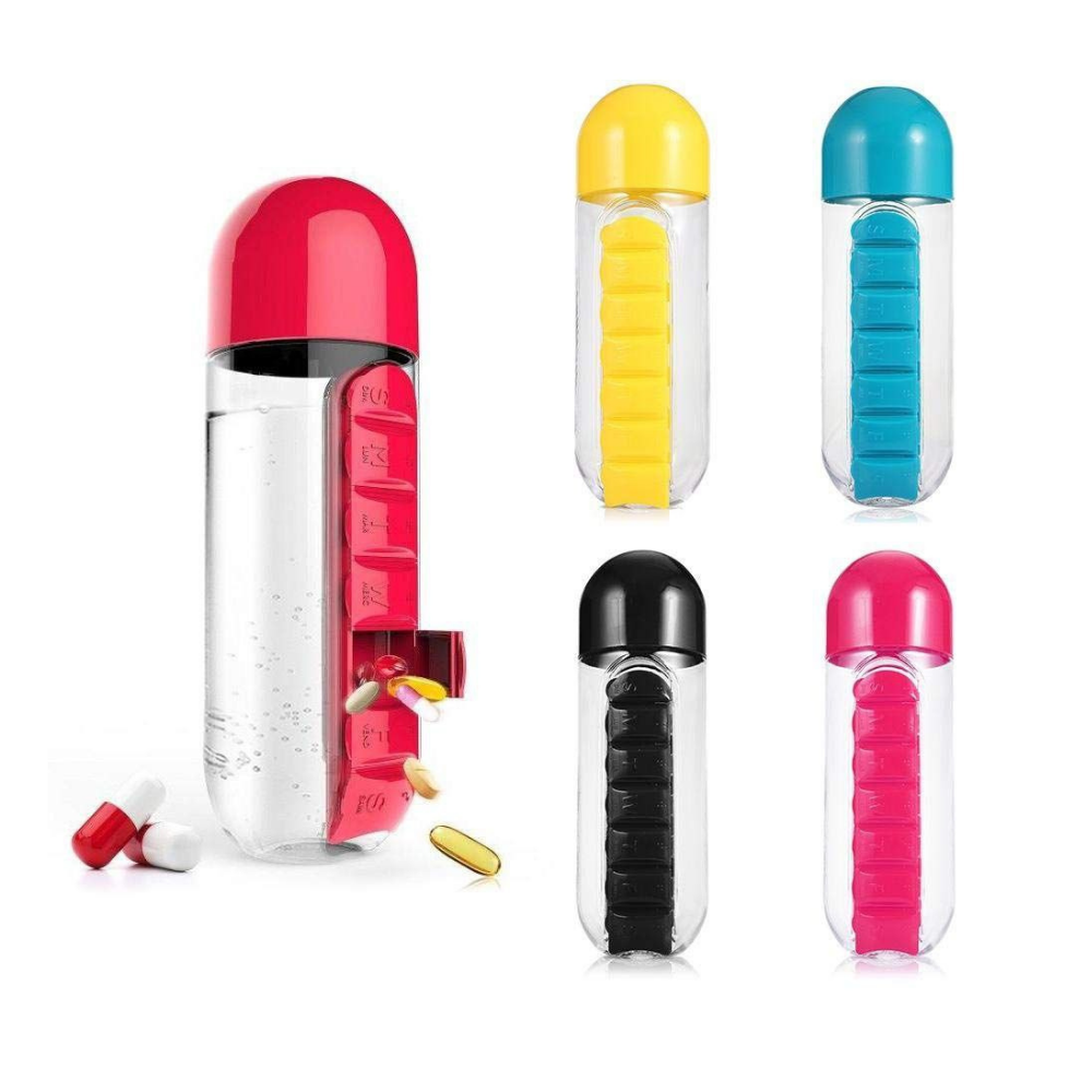 BOTE PARA AGUA 2 EN 1 CON ORGANIZADOR DE PASTILLAS 7 DIAS, VARIOS COLORES