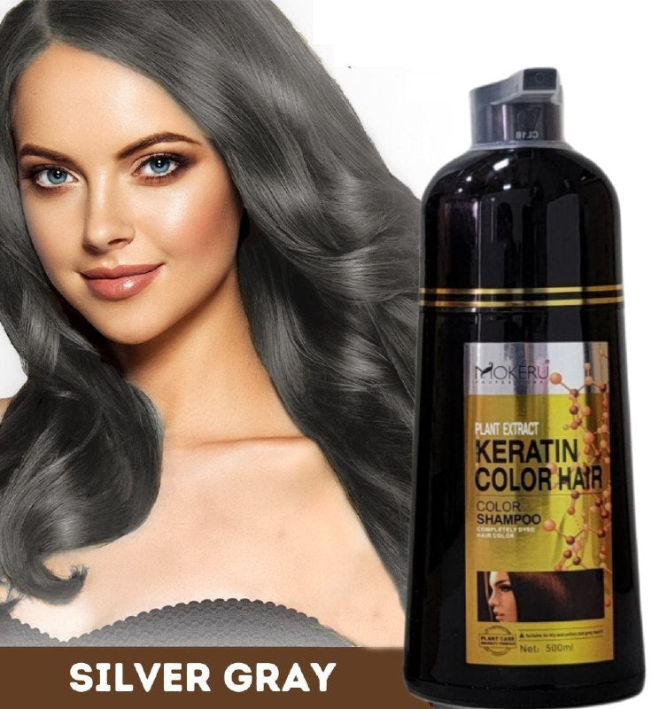 SHAMPOO TINTE PARA EL CABELLO CON QUERATINA CUBRE CANAS COLOR GRIS PLATA 19 MOKERU 500ML