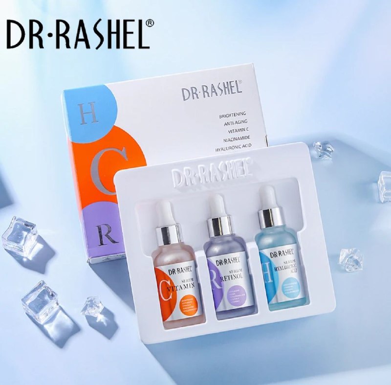 SUERO FACIAL EN SET HIDRATANTE, SUERO DE VITAMINA C, SUERO DE RETINOL, SUERO DE ACIDO HIALURONICO DR RASHEL 30MLX3