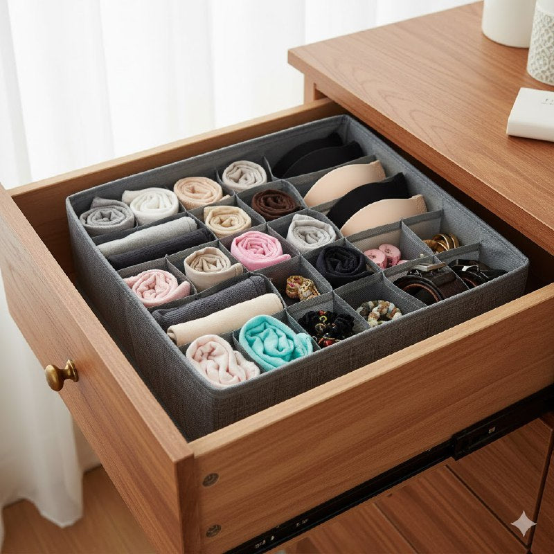 ORGANIZADOR CAJA DE ALMACENAMIENTO DE 24 COMPARTIMIENTOS FIJOS 32X33CM, IDEAL PARA MANTENER FAJAS, CALCETINES, BUFANDAS, ETC MNT HOME IMPLEMENTS